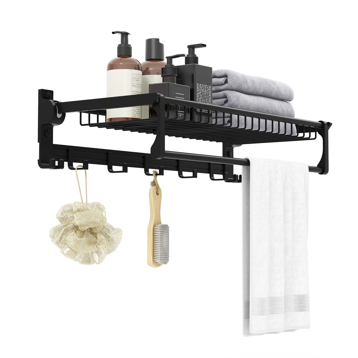 Foldable Towel Rack for Bathroom, Wall Mounted Towel Holder Organizer w/ 1 Basket, 1 Towel Bar & 5 Sliding - product view 1