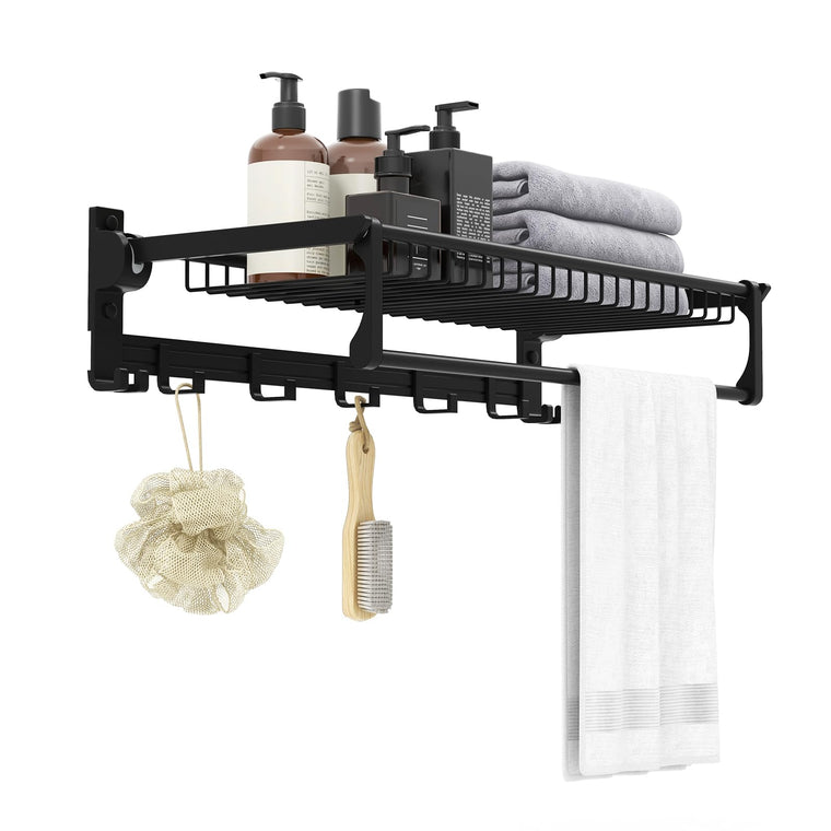 Foldable Towel Rack for Bathroom, Wall Mounted Towel Holder Organizer w/ 1 Basket, 1 Towel Bar & 5 Sliding - product view 1