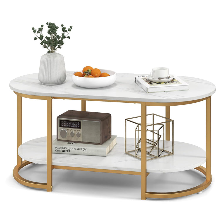 White Marble Coffee Table - Modern 2-Tier Center Table w/Open Storage Shelf - product view 1
