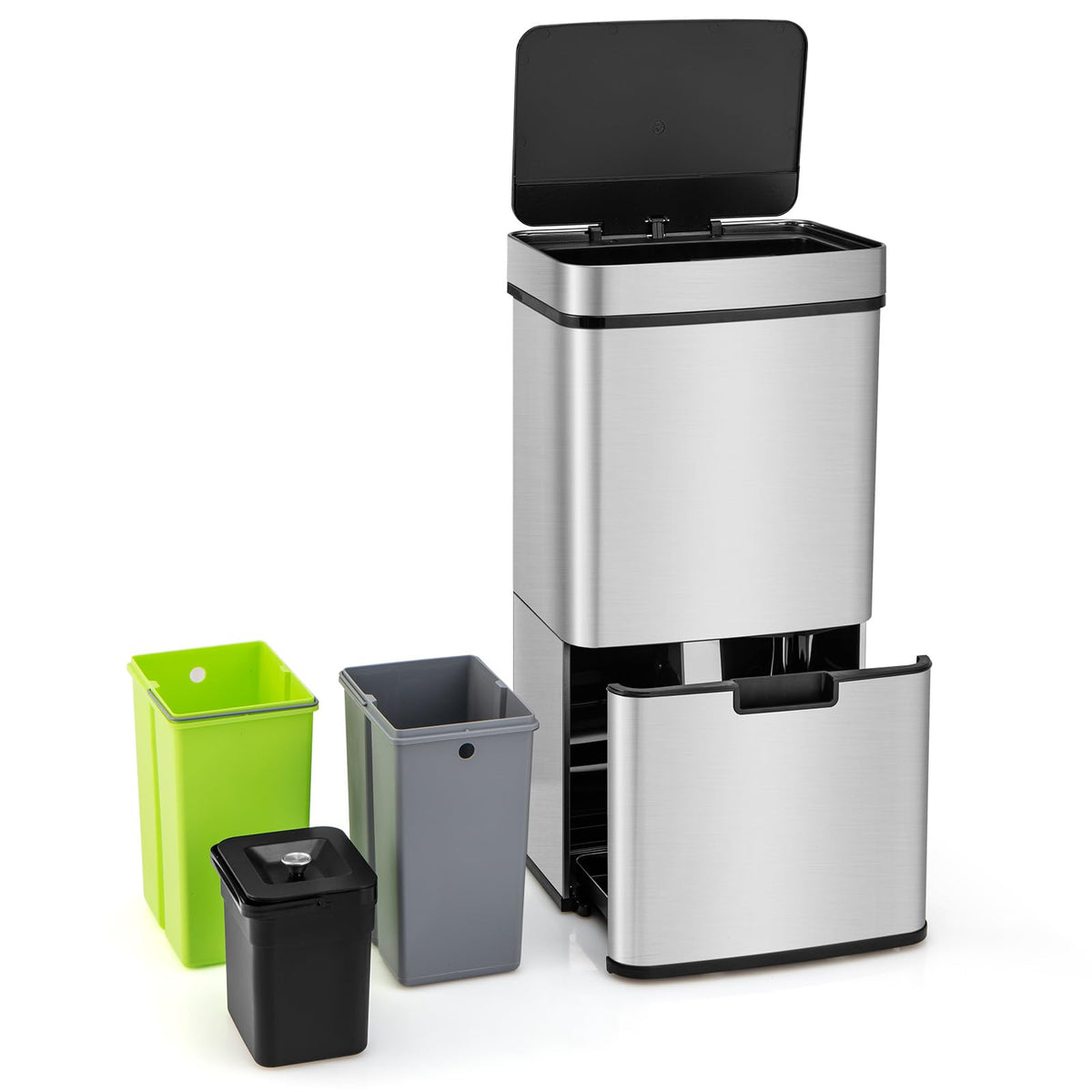 19 Gal Stainless Steel Trash Can, 72 L Volume in 4 Containers, Motion Sensor Trash Bin - product view 1