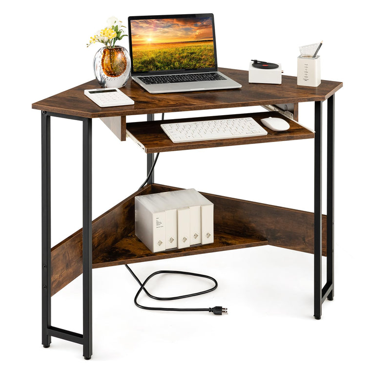 Corner Desk with Power Outlets, Small Corner Computer Desk w/ Keyboard Tray & Storage Shelf - product view 1