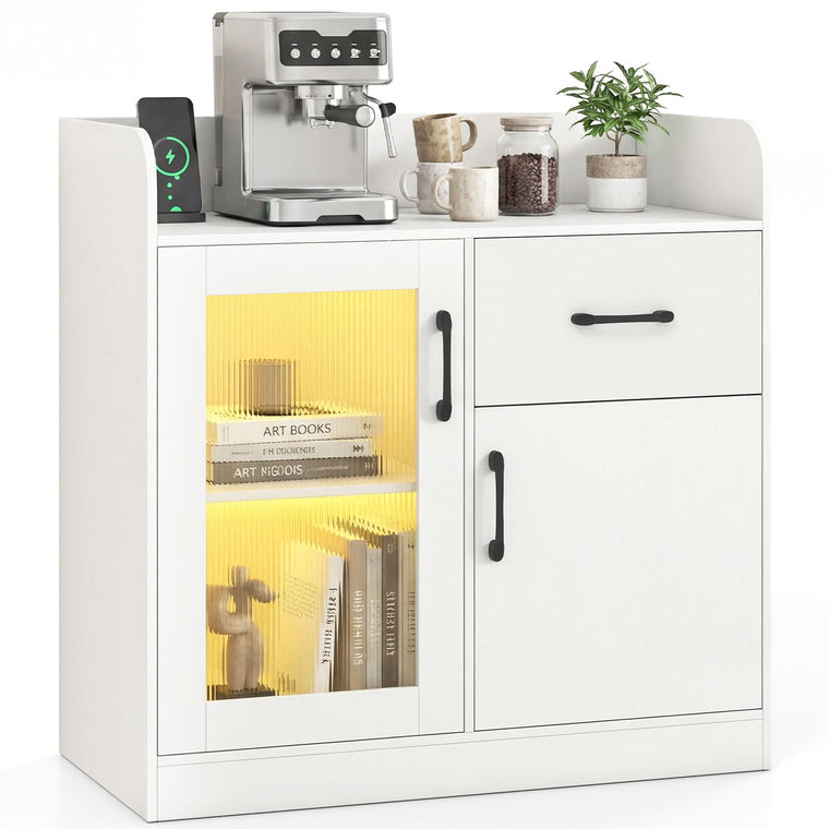 RGB LED Buffet Sideboard | White Kitchen Storage Cabinet with Charging Station - product view 1