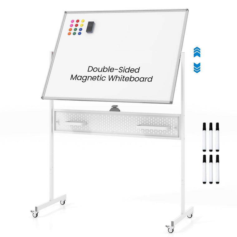 Rolling Whiteboard, 48” x 36” Height Adjustable Dry Erase Board with Pegboard, Hooks & Trays, Magnets - product view 1