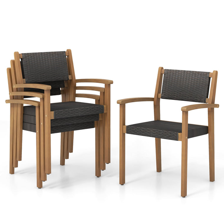 Stackable Outdoor Wicker Dining Chair Set, Rattan Armchairs w/Acacia Wood Frame - product view 1