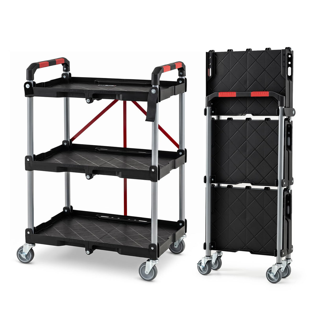 3-Tier Folding Utility Cart w/Swivel Wheels | Tool-Free Assembly - product view 1