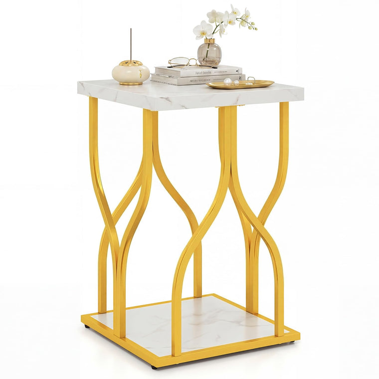2-Tier End Table with Storage Shelf & Gold Petal-Inspired Geometric Metal Frame - product view 1