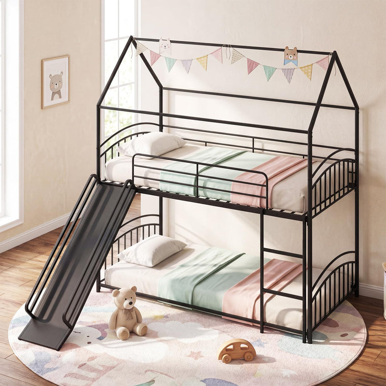 Twin Over Twin Bunk Bed with Slide & Ladder for Boys Girls - product view 1