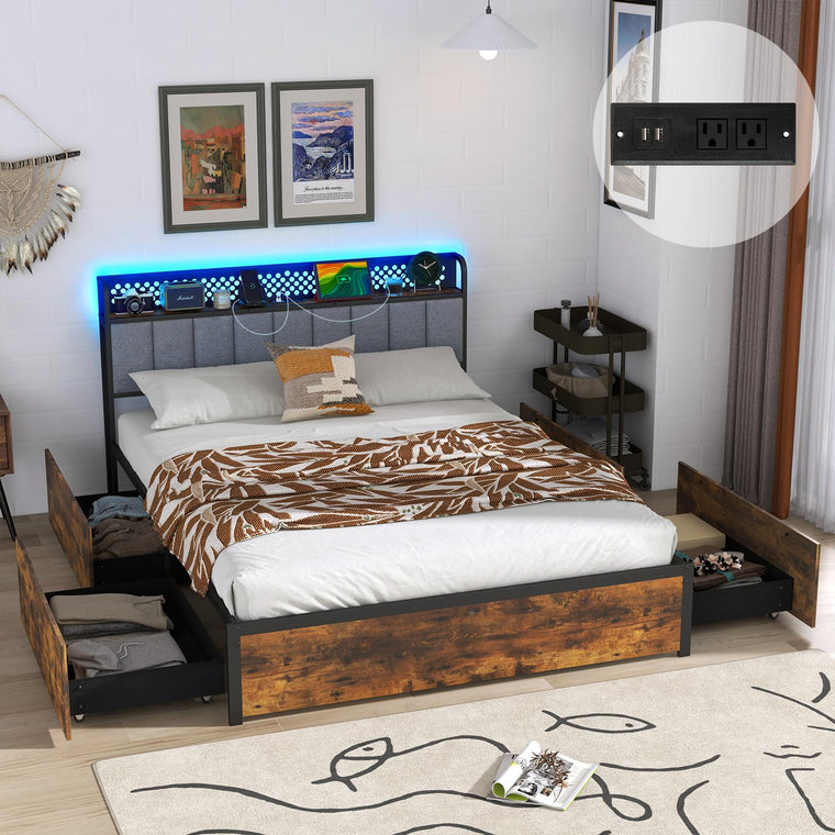 Queen/Full/Twin Size LED Bed Frame with Charging Station, Metal Platform Bed with Upholstered Headboard & 4 - product view 1