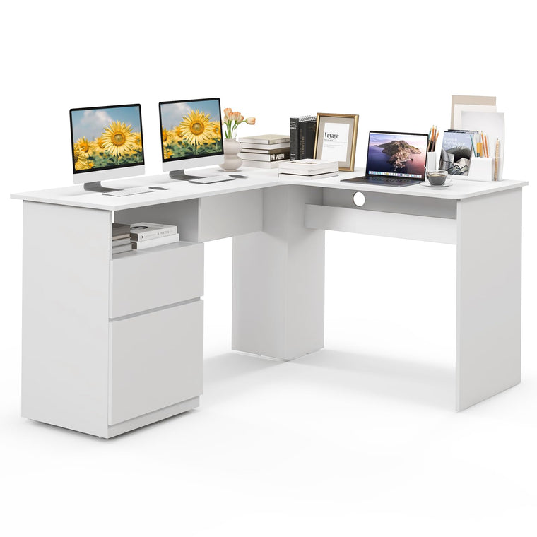 L Shaped Computer Desk with Drawers, 59" Corner Desk Workstation with Storage Shelf & Cable Holes - product view 1