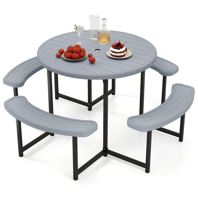 Round Picnic Table Bench Set with 4 Benches and Umbrella Hole for Patio Lawn - product view 1