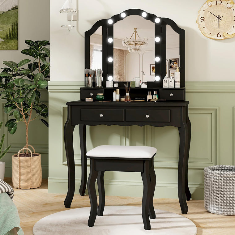 CHARMAID Vanity Desk with Lights - Makeup Vanity Table with Tri-Fold Mirror, 10 Adjustable Hollywood LED - product view 1