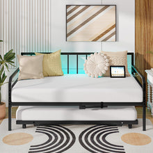 Twin Daybed with Trundle, Twin Bed Frame with Charging Station & LED Lights, Metal Trundle Bed Twin w/Steel - product view 7