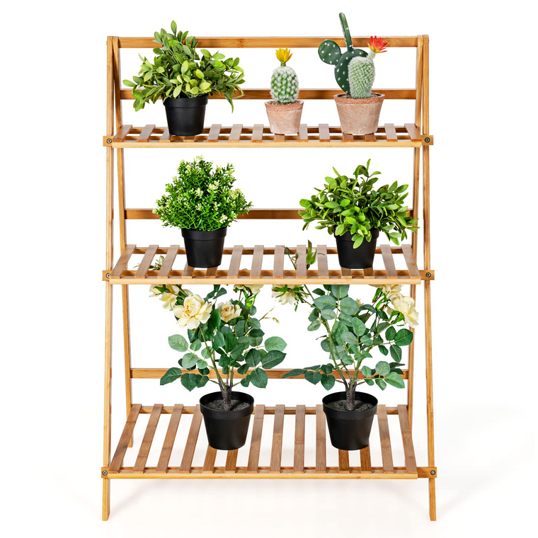 3 Tier Folding Storage Shelf, Bamboo Ladder Plant Stand - product view 1