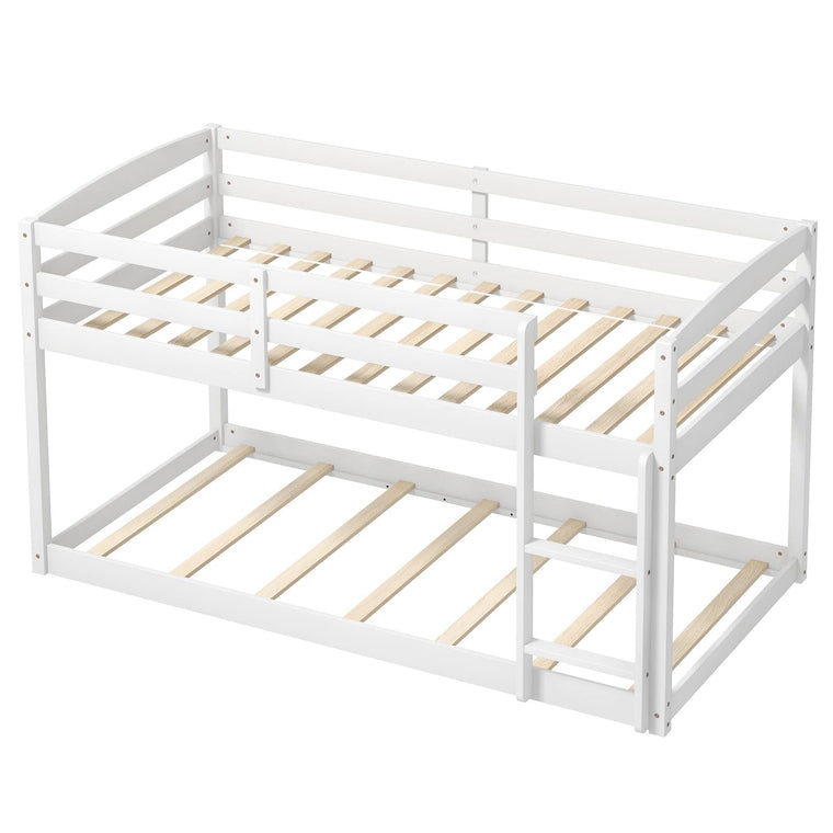 Low Twin Over Twin Bunk Bed, Solid Wood, Full Guardrails & Integrated Ladder - product view 1